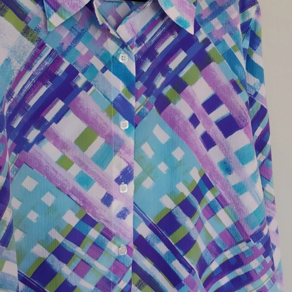 Alfred Dunner Multicolor Plaid Button-Down Shirt in Blue, Purple & Green - Picture 4 of 6